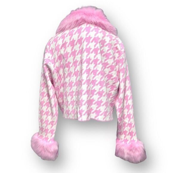 Show Me Your MuMu 3X Pink Houndstooth Faux Fur Zip Jacket Barbiecore Coquette - Picture 4 of 9